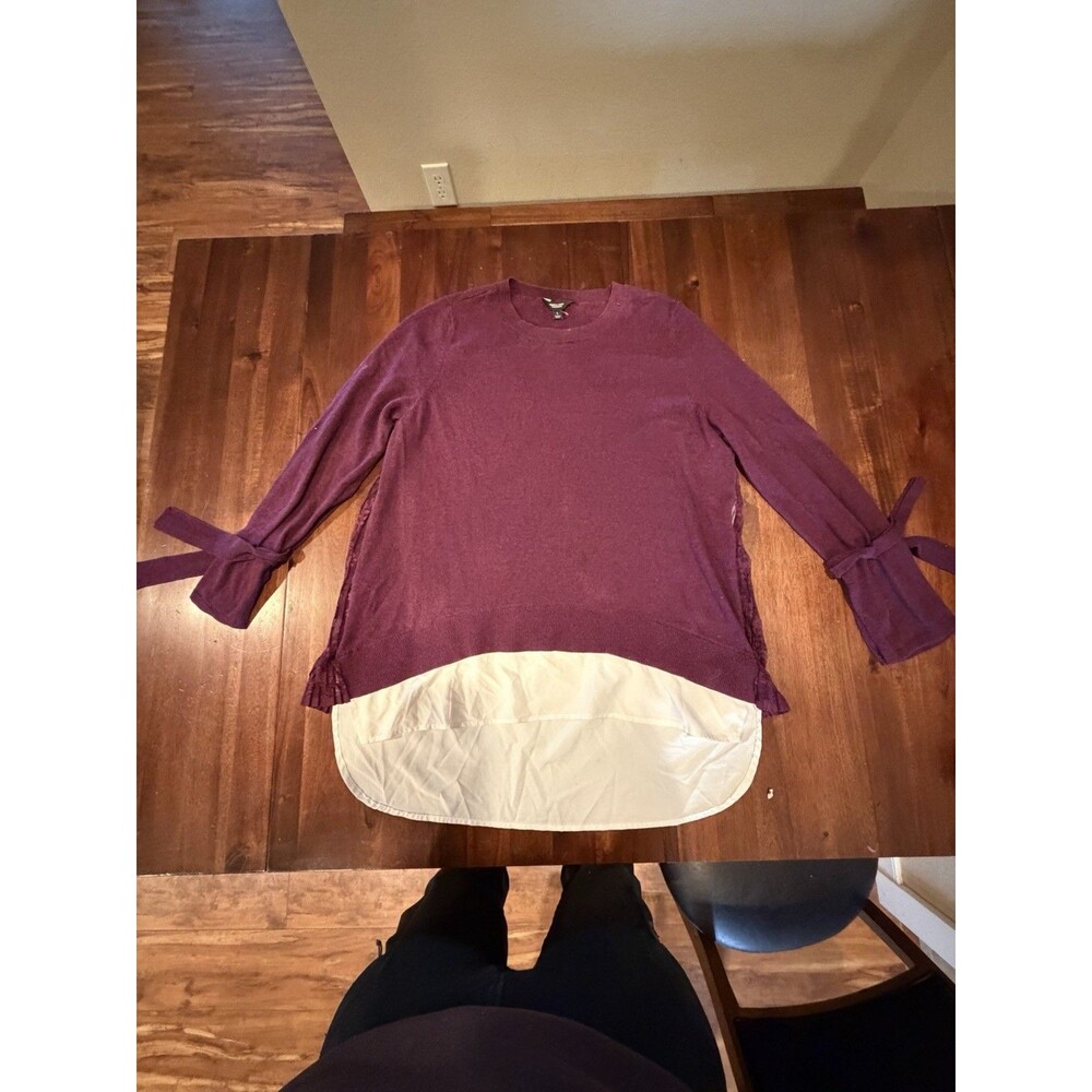 Simply Vera Wang Mixed Media Sweater Burgundy Large Lace Back Layered Hem